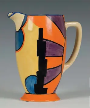  ?? ?? A Clarice Cliff Bizarre Sunray pattern jug of tapering form, circa 1930.