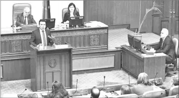  ??  ?? Zaev addresses the deputies of the parliament during a vote to pass constituti­onal changes to allow the Balkan country to change its name to the Republic of North Macedonia. — Reuters photo