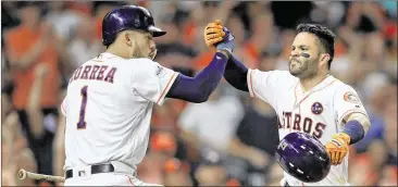  ?? RONALD MARTINEZ / GETTY IMAGES ?? Houston’s dynamic infield duo of shortstop Carlos Correa (the top pick in the 2012 amateur draft) and diminutive second baseman Jose Altuve sparked the top offense in the major leagues this season.