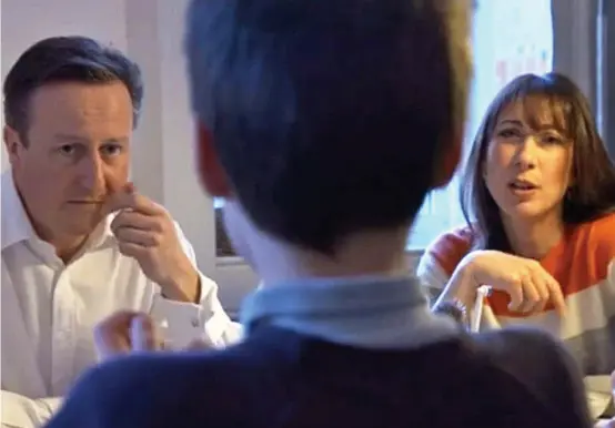  ??  ?? Breakfast time: David and Samantha Cameron talk to son Elwen, nine, in tonight’s ITV film. The children’s faces are not shown on camera