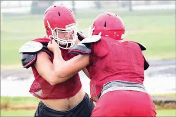  ?? WILLIAM HARVEY/RIVER VALLEY & OZARK EDITION ?? Dardanelle sophomores Phillip O’Bryant, left, and Nathan Smith lock up during a drill.