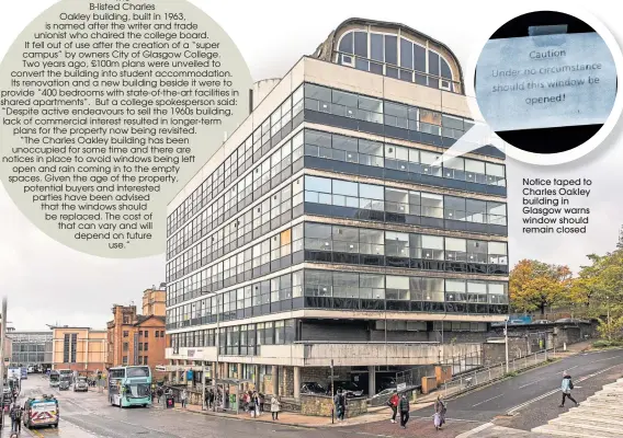  ??  ?? Notice taped to Charles Oakley building in Glasgow warns window should remain closed