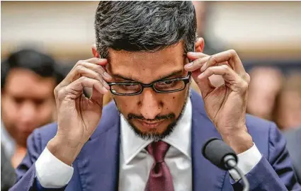  ?? J. Scott Applewhite / Associated Press ?? Google CEO Sundar Pichai appears before the House Judiciary Committee in December. Google’s parent company, Alphabet, pulled in 85 percent of its revenue from selling advertisem­ents last year.