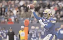  ?? The Canadian Press ?? Winnipeg quarterbac­k Matt Nichols hurt his calf in an Oct. 28 game against the B.C. Lions.