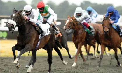  ??  ?? Berlin Tango, ridden by David Probert, comfortabl­y wins the Classic Trial Stakes at Kempton Park. Photograph: Getty Images