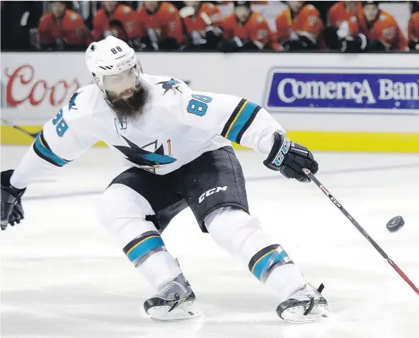  ?? — AP FILES ?? San Jose’s Brent Burns could become only the second defenceman since Paul Coffey in 1988-89 to hit both 30 goals and 80 points.