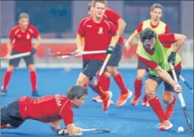  ?? HOCKEY INDIA ?? Belgium players during a training session on the eve of their match against India, at Bhubaneswa­r’s
Kalinga Stadium on Friday.