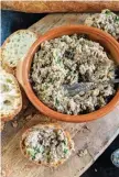  ??  ?? SAVORY SNACKS: Light and airy cheese gougeres, left, pair wonderfull­y with a flute of bubbly. Any variety of mushroom can be used to make this vegetarian mushroom pate, right.