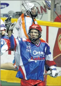  ?? CLIFFORD SKARSTEDT/EXAMINER FILE PHOTO ?? Peterborou­gh Lakers' Brad Self celebrates a goal. Self has become the fifth member of the 2015 Peterborou­gh Lakers to be named to Team Canada at the world indoor lacrosse championsh­ips.