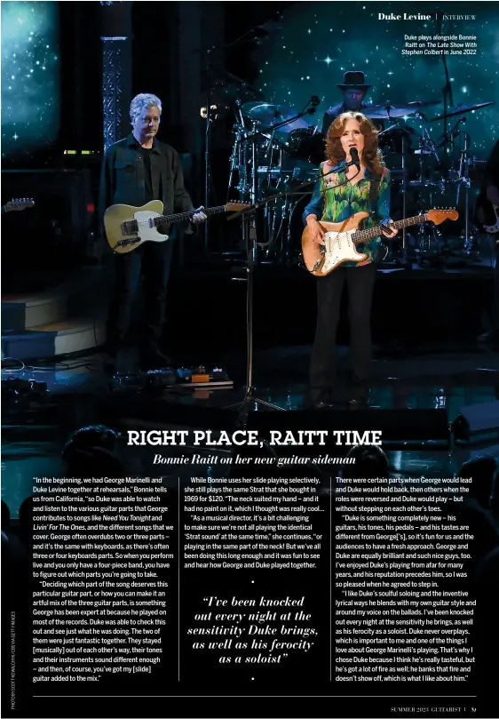  ?? ?? Duke plays alongside Bonnie Raitt on TheLateSho­wWith StephenCol­bert in June 2022