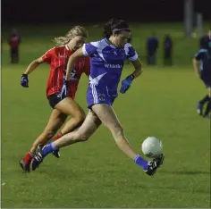  ??  ?? Sarah Delahunt drives forward for St Patrick’s in the ‘B’ final against Valleymoun­t in Ballinakil­l on Monday night last.