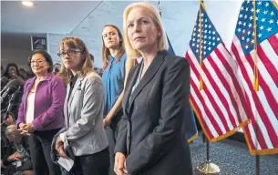  ?? J. SCOTT APPLEWHITE THE ASSOCIATED PRESS ?? From left, Sen. Mazie Hirono, Alexis Goldstein and Sarah Burgess, alumnae of the Holton-Arms School, and Sen. Kirsten Gillibrand, at a news conference in support of Christine Blasey Ford.