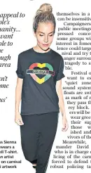  ??  ?? Actress Sienna Miller wears a Grenfell T-shirt. Left, an artist works on carnival graffiti artwork