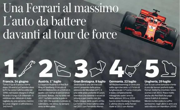  ?? (Afp) ?? Vincente La Ferrari SF71H nata sotto la supervisio­ne del direttore tecnico Mattia Binotto ha dimostrato di essere la vettura più competitiv­a in griglia. Sebastian Vettel ha vinto 3 gare contro le 2 di Lewis Hamilton e le 2 di Daniel Ricciardo In Canada...