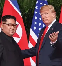  ??  ?? War and peace: A North Korean missile test and, right, Kim and Mr Trump in June