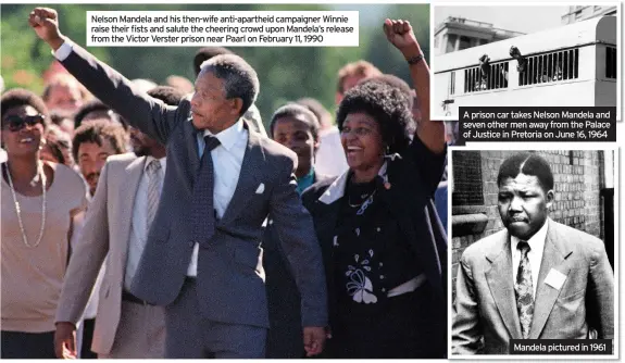  ??  ?? Nelson Mandela and his then-wife anti-apartheid campaigner Winnie raise their fists and salute the cheering crowd upon Mandela’s release from the Victor Verster prison near Paarl on February 11, 1990
A prison car takes Nelson Mandela and seven other men away from the Palace of Justice in Pretoria on June 16, 1964
Mandela pictured in 1961