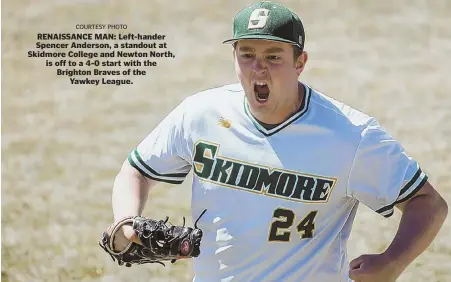  ?? COURTESY PHOTO ?? RENAISSANC­E MAN: Left-hander Spencer Anderson, a standout at Skidmore College and Newton North, is off to a 4-0 start with the Brighton Braves of the Yawkey League.