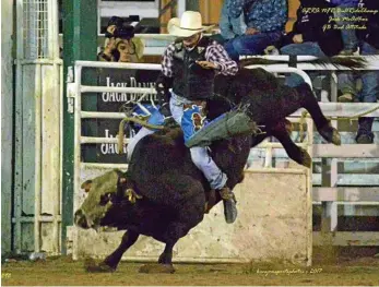  ?? PHOTOS: MIKE KENYON ?? BUCKING BULL: 2017 Warwick Rodeo Bull Riding champion Jack McArthur, riding Bad Attitude.