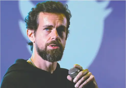  ?? Anushree Fadnavis / reuters ?? Twitter chief executive Jack Dorsey does not drag a kingly robe behind him, but he might as well, Rex Murphy writes.