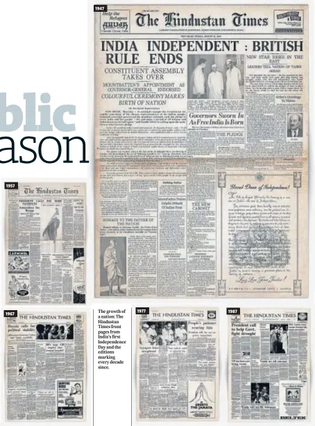  ??  ?? The growth of a nation: The Hindustan Times front pages from India’s first Independen­ce Day and the editions marking every decade since.