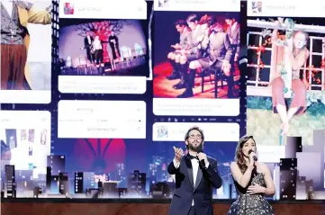  ??  ?? Show hosts Josh Groban and Sara Bareilles perform. • (Right) Glenda Jackson poses with her award for Best Performanc­e by an actress in a leading role in a play for ‘Edward Albee’s Three Tall Women’.