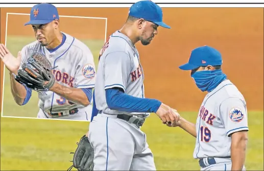  ?? Getty Images; AP (2); SNY ?? NOTHING COMES EASY: Jacob deGrom returned to the rotation after his last start was skipped because of neck stiffness and pitched six shutout innings before Dellin Betances (above) and Edwin Diaz (inset) coughed up the lead in the eighth. It took a Michael Conforto (far left) two-run homer in the ninth for the Mets to escape with a 5-3 victory over the Marlins.