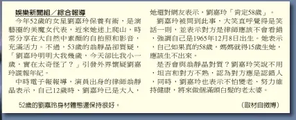  ??  ?? 娛樂新聞組 綜合報導52歲的劉嘉­玲身材體態還保持很好。（取材自微博）