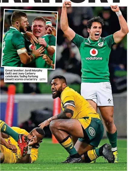  ??  ?? Great leveller: Jordi Murphy (left) and Joey Carbery celebrate; Tadhg Furlong (inset) scores crucial try
