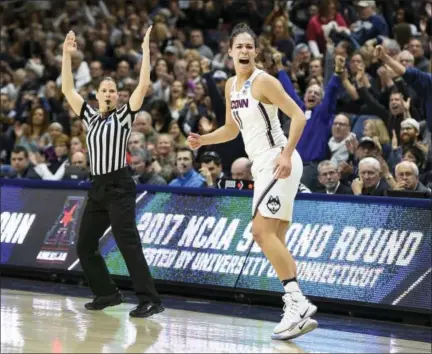  ?? JESSICA HILL — THE ASSOCIATED PRESS ?? UConn’s Kia Nurse reacts after hitting a 3-pointer in the first half against Syracuse on Monday in Storrs.