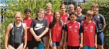  ?? Foto: Feyrer ?? Gelungener Wettkampf: (vorne von links) Annika Brock, Ewald Bader, Nathalie Becker, Jonas Göksin und Alexander Schulz sowie (hinten von links) Joseph Göksin, Michael Steele, Lukas Becker, Trainerin Karo Schuster, Marco und Ralf Müller.