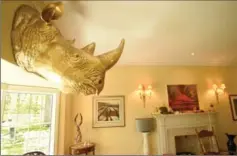  ??  ?? A fibre bust of a rhinoceros is an impressive feature in the living room of Peter Nosalik and husband Richard Armstrong in their Pilgrim Circle home.