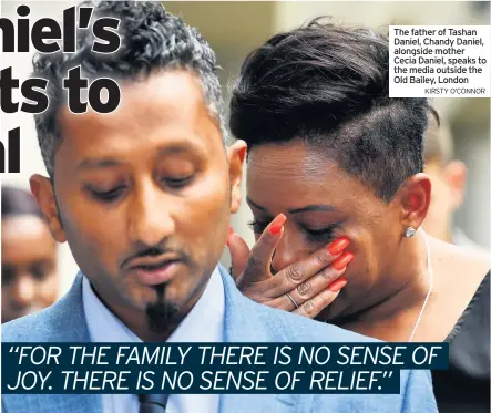  ?? KIRSTY O’CONNOR ?? The father of Tashan Daniel, Chandy Daniel, alongside mother Cecia Daniel, speaks to the media outside the Old Bailey, London