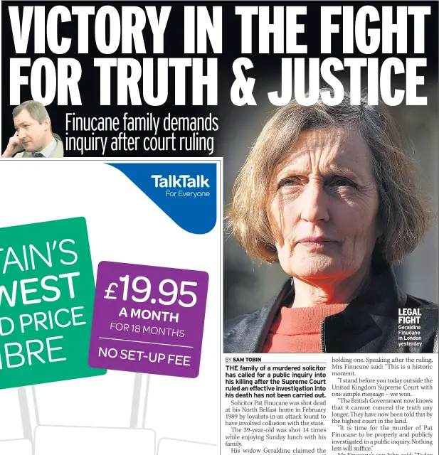  ??  ?? LEGAL FIGHT Geraldine Finucane in London yesterday