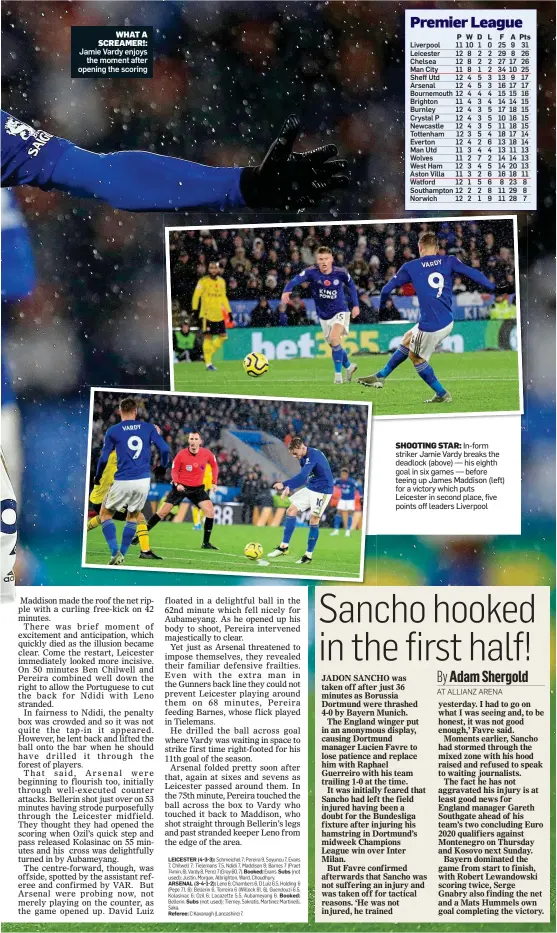  ??  ?? WHAT A SCREAMER!:
Jamie Vardy enjoys the moment after opening the scoring
SHOOTING STAR: In-form striker Jamie Vardy breaks the deadlock (above) — his eighth goal in six games — before teeing up James Maddison (left) for a victory which puts Leicester in second place, five points off leaders Liverpool