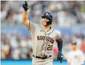  ?? SETH WENIG/AP ?? Astros’ Chas McCormick reacts after hitting a two-run home run against the Yankees in Game 3 of the ALCS on Saturday in New York.