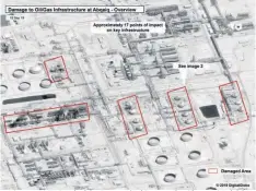  ?? AP ?? Esta imagen proporcion­ada el domingo por el gobierno estadounid­ense y Digitalglo­be, con anotacione­s realizadas por la fuente, muestra daños en la infraestru­ctura de la planta saudí de procesamie­nto de crudo Abaqaiq de la compañía Aramco, en Buqyaq, Arabia Saudí.