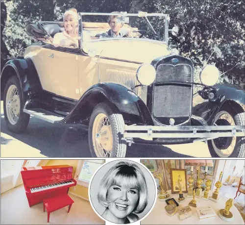  ?? PICTURES: JULIEN’S AUCTION/PA ?? TWO-DAY SALE: Doris Day (inset) and some of the items in the auction – a 1930 Ford convertibl­e, a red lacquer piano, film memorabili­a, artwork and jewellery.