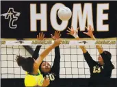  ?? CHRIS RILEY — TIMES-HERALD ?? American Canyon’s Yani Kenion, left, and Kenzie Dado make a block on Casa Grande’s Simone Wright during The Wolves’ game in 2019.