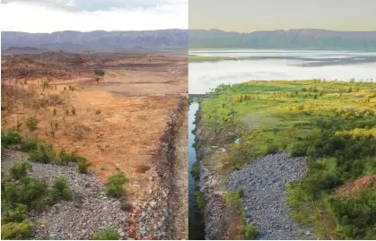  ?? ?? A comparison of Lake Argyle’s spillway between October 2020 (left) when the lake was at 28% (3,041GL) and February 2023 (right) at 100% capacity (10,763GL). Composite: Benjamin Broadwith