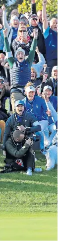  ?? SNS/Getty/PA. ?? Opposite: European players celebrate as Suzann Pettersen holes the winning put; below left: Pettersen and Matthew bring the Solheim Cup home.