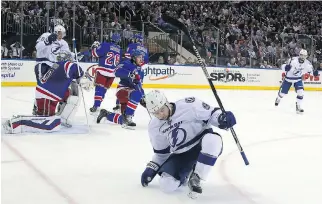  ?? FRANK FRANKLIN II/THE ASSOCIATED PRESS ?? Tampa Bay Lightning centre Tyler Johnson scores in Game 2 of the Eastern Conference final against the N.Y. Rangers. He leads playoff scoring with 16 points.