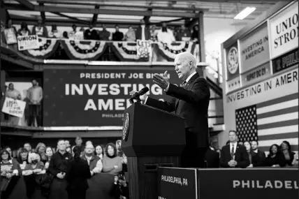  ?? DOUG MILLS / THE NEW YORK TIMES ?? President Joe Biden speaks about his 2024 proposed budget Thursday at the Finishing Trades Institute in Philadelph­ia. “I guarantee you I will protect Social Security and Medicare without any change,” Biden told the audience.