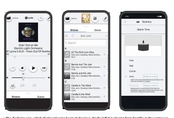  ??  ?? ▲ The Technics app, which displayed some buggy behaviour. On the left it is playing from Spotify; in the centre we are network streaming from a NAS drive (note expanded times on high-res tracks); and right, position EQ options.