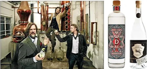  ??  ?? That’s the spirit: above, Sipsmith founders Jared Brown, Sam Galsworthy and Fairfax Hall; local gins from Dodd’s, the East London Liquor Company and Sacred