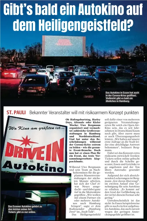  ??  ?? Das Essener Autokino gehört zu den letzten seiner Art. Tickets gibt es nur online.
Das Autokino in Essen hat auch in der Corona-Krise geöffnet. Vielleicht gibt es bald ein ähnliches in Hamburg.