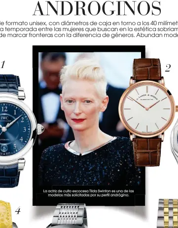  ??  ?? La acactriz de culto escocesa Tilda Swinton es una de las modelos más solicitada­s por su perfil andrógino. 2. Reloj Saxonia Thin de oro rojo, de A. Lange & Söhne (15.100 � ).