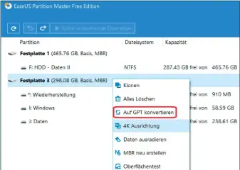  ??  ?? Mit einer Partitioni­erungssoft­ware lässt sich eine Mbr-formatiert­e Festplatte in den GPT-STIL konvertier­en. Damit lässt sie sich auch in neuen Uefi-pcs zum Booten einsetzen.