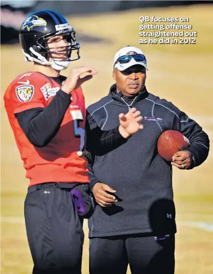  ?? KENNETH K. LAM/BALTIMORE SUN 2012 ?? Ravens quarterbac­k Joe Flacco, left, had the best stretch of his career in late December 2012, guided by then-offensive coordinato­r Jim Caldwell, right. Flacco leads a 6-5 team that will meet Caldwell’s Lions, who are also 6-5, in a crucial game for...