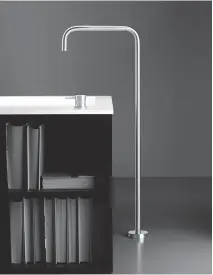  ??  ?? Royal spout A spout that calls you to your bath like a bugle for good health, Blu Bathwork’s incredible INOX floor-mounted tub filler in its sleek stainless steel design fits any setting — modern or traditiona­l. You can also just sit there and gaze at...