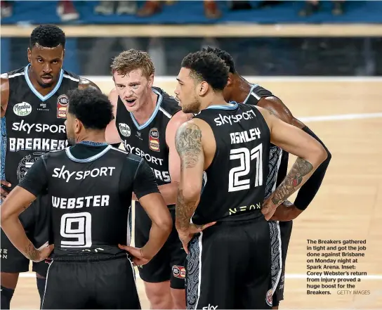  ?? GETTY IMAGES ?? The Breakers gathered in tight and got the job done against Brisbane on Monday night at Spark Arena. Inset: Corey Webster’s return from injury proved a huge boost for the Breakers.